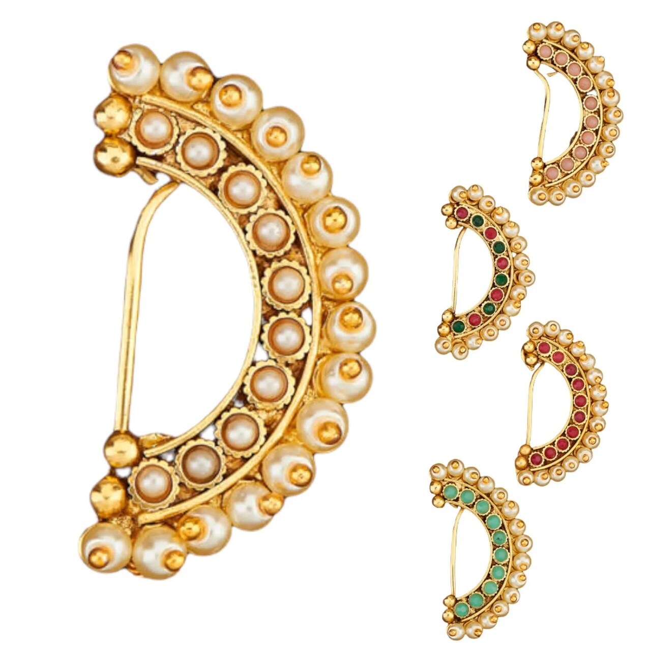 Indian Marathi Nath for Women - Antique Golden Pressing Moon Marathi Nose Ring Indian Jewelry Clip-On Marathi Bridal Nathani Bollywood Faux Pearl Non-Piercing Jewelry for Women Gift For Her